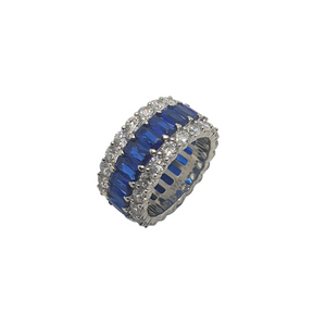 Deluxe 925 Blue and White Sapphire Triple Row Ring - Rhodium Over Sterling Silver
