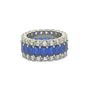 Deluxe 925 Blue and White Sapphire Triple Row Ring - Rhodium Over Sterling Silver