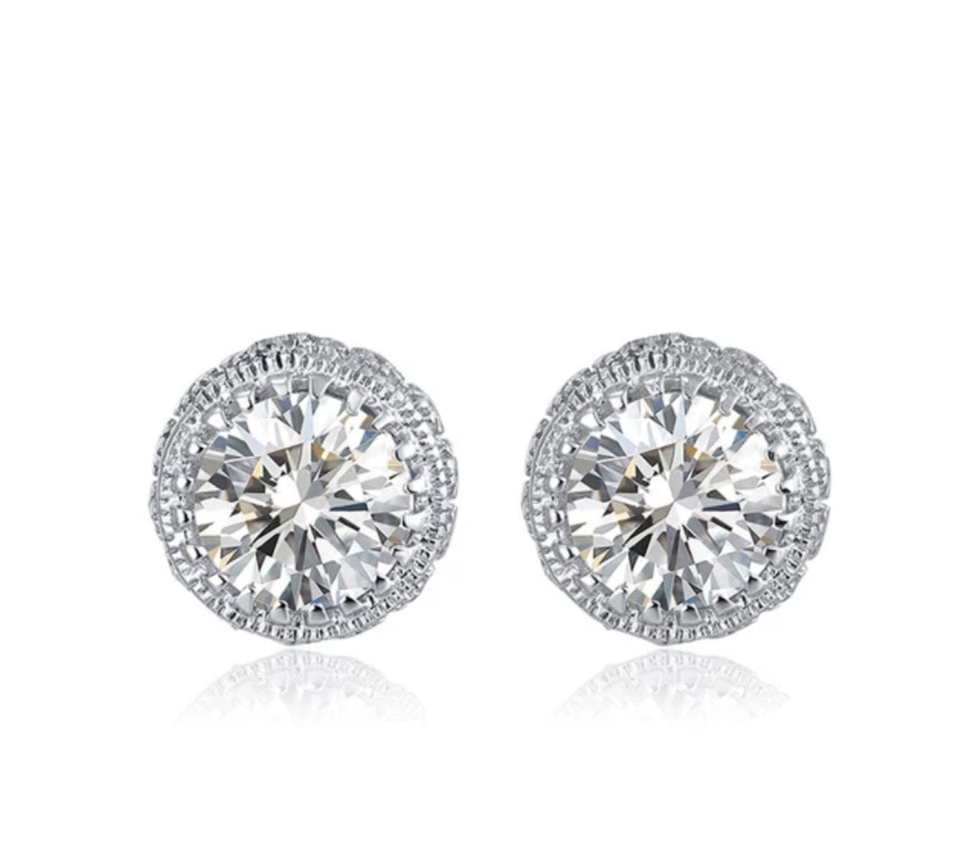 Deluxe Classy Solitaire Halo Stud Earrings - Rhodium Over Sterling Silver